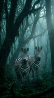 Two zebras standing in a dark misty forest with towering moss-covered trees and moody teal light filtering through the canopy.