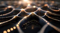 Glowing spider web with morning dew drops illuminated by golden sunlight creating magical bokeh effect. Natural macro photography shows intricate pattern of silk threads.