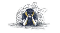 Young Asian man holding head in hands with chaotic scribbled lines surrounding, representing mental health struggles, anxiety and emotional turmoil, sketch style illustration.