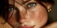 Young Caucasian woman with freckles and green eyes in warm sunlight creating natural shadow patterns on face for beauty and skincare concepts.