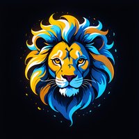 Majestic lion head with flowing blue and golden mane against black background, stylized artistic design for logos, tattoos and merchandise decoration.