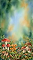 Watercolor forest floor scene with red and brown mushrooms, toadstools, and wild plants against soft green and yellow blurred background. Suitable for nature illustrations, children's books, and woodland-themed designs.