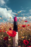 Pink lipstick standing tall among red poppies in wildflower meadow against blue summer sky with white clouds, creative cosmetic photography.