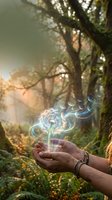 Hands holding magical glowing dandelion with floating seeds in enchanted forest with warm sunlight streaming through trees creating mystical atmosphere.
