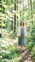 Young woman with shoulder-length brown hair, Caucasian ethnicity, wearing a green midi dress and cream cardigan, standing on a forest trail surrounded by lush green trees and foliage.