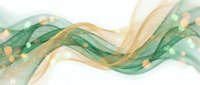 Abstract flowing waves in green and gold with sparkling particles creating elegant movement on white background for luxury design projects.