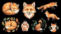 Reddish-brown fox illustrations in various poses and styles, isolated on transparent background. Includes sleeping fox, front-facing head, running poses, paw print, and decorative botanical arrangements. Ready for t-shirt design, clipart, stickers, sublimation, and print-on-demand projects.