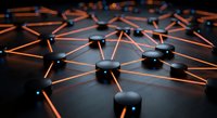 Abstract network visualization with glowing orange connections linking dark spherical nodes across digital surface for technology presentations.
