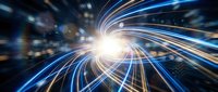 Abstract energy burst with radiating light beams and motion blur effects creating dynamic flow patterns for technology and innovation concepts.