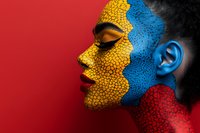 African woman with creative yellow and blue crackled face paint art on red background, profile view showing artistic makeup and bold color contrast.