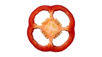 Red bell pepper cross-section with seeds and inner flesh visible, isolated on white background for culinary, food styling, nutrition, and recipe design projects.