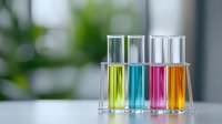 Colorful glass bottles with bright liquid fragrances in yellow, blue, pink and orange on light background with bokeh effect and green plants. Perfect for beauty industry.