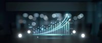 Glowing digital growth chart with ascending arrow showing business progress and financial success in modern corporate environment with bokeh lights.