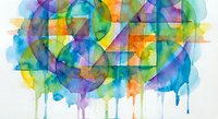 Abstract watercolor geometric composition with overlapping circles and squares in vibrant blues, greens, yellows and purples with paint drips on white background.