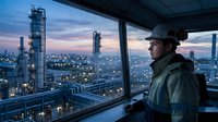 Industrial worker in hard hat monitoring oil refinery operations from control room during twilight hours with city lights and processing towers visible.