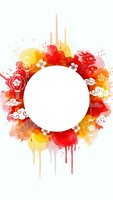 Vibrant watercolor splash frame with Asian motifs and white circle space for text or logo design on light background.