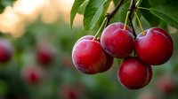 Fresh ripe red cherries hanging on tree branch with green leaves against blurred natural background. Sweet summer fruit ready for harvest.
