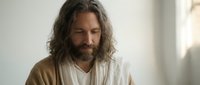 Middle-aged Caucasian man with long wavy hair and beard in cream robe meditating peacefully indoors with soft natural lighting for wellness content.