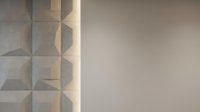 Geometric wall with warm lighting and neutral tones, featuring abstract hexagonal patterns and soft shadows for modern interior design and architectural visualization projects.