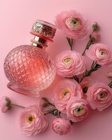 Elegant vintage perfume bottle with ornate silver cap surrounded by delicate pink ranunculus flowers on soft pink background, creating romantic feminine composition.