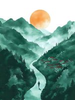 Serene watercolor landscape with lone figure walking along winding river through misty green mountains, small village nestled in valley, and orange sun rising above peaks.