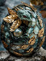 Mystical dragon sculpture with turquoise scales and golden leaves wrapped around crystal sphere, featuring intricate metalwork and gemstone details on dark background.
