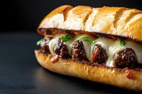 Gourmet meatball submarine sandwich with melted cheese and fresh herbs on crusty bread roll against dark background for restaurant menu design.