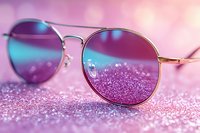Stylish aviator sunglasses with gradient purple lenses on sparkling glitter surface. Fashion accessory for summer vacation, trendy eyewear design concept.