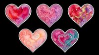 Three colorful heart-shaped resin pendants with swirling patterns in pink, purple, red, and orange tones, isolated on transparent background. Ready for jewelry design, sublimation, print-on-demand products, and crafts.