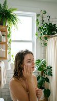 Young woman applying face cream in plant-filled bathroom with natural light. Morning skincare routine in eco-friendly home spa environment with greenery.