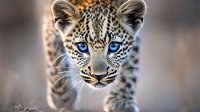 Young leopard cub with striking blue eyes and spotted fur in close-up portrait, showing curious expression while stalking forward against soft blurred background.