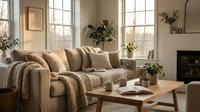 Cozy modern living room interior with beige sectional sofa, wooden coffee table, plants and natural light from large windows creating warm atmosphere.