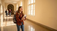 Young Caucasian female college student walking through university hallway with backpack and books, smiling confidently in bright academic corridor.