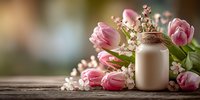Pink tulips and cherry blossoms arranged with cosmetic bottle on rustic wooden surface for natural skincare and beauty product marketing campaigns.