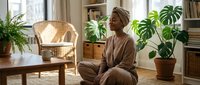 Middle-aged Black woman in casual brown clothing sitting peacefully in bright, plant-filled living room with wooden furniture, monstera plants, and natural light for wellness and home decor concepts.