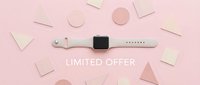 Smartwatch on pink background with geometric shapes and limited offer text, flat lay sale banner for social media and marketing.