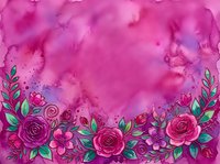 Watercolor pink and magenta background with hand-drawn roses and green leaves border at the bottom, copy space for text or design.