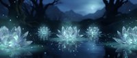 Mystical crystal lotus flowers floating on serene water surface under moonlight with magical sparkles and ethereal glow for meditation designs.