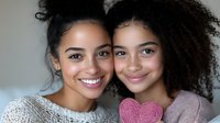 Two mixed race women, mother and daughter with curly hair and natural makeup, holding pink heart together, expressing love and bonding in casual home setting.