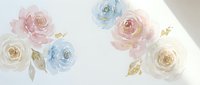Soft watercolor roses in pastel pink, blue and cream tones with golden leaves on white background for romantic wedding invitations and feminine designs.