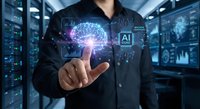 Professional businessman touching holographic brain with AI interface in modern data center server room representing artificial intelligence technology.