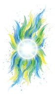 Watercolor sun with flowing blue, green, and yellow rays radiating outward on white background. Isolated artwork suitable for wellness, energy, and design projects.