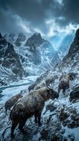 Yak herd grazing in snowy mountain valley with dramatic storm clouds and towering peaks creating moody high altitude landscape scene.