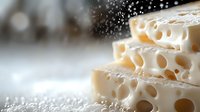 Swiss cheese slices stacked with characteristic holes and texture, dusted with flour or powdered coating on light background, macro food photography.