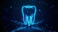 Glowing neon tooth hologram with digital particles on dark background for dental technology and healthcare innovation concepts.