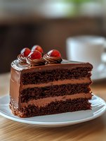 Rich chocolate layer cake slice with smooth ganache frosting and fresh cherries on top, served on white plate. Dark moist sponge filled with creamy chocolate buttercream.