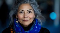 Elegant mature Hispanic woman with silver hair wearing blue patterned scarf smiles warmly against dark background, portraying confidence and wisdom.