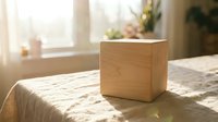 Wooden cube block sitting on neutral fabric surface near bright window with natural sunlight, suitable for product display, branding mockups, and design projects.