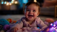 Joyful baby in pink sweater lying on floor with colorful toys and bokeh lights in background creating magical atmosphere for childhood and holiday moments.