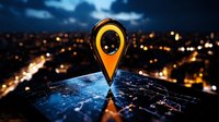 Glowing location pin marker on digital map against blurred city lights background at night, representing GPS navigation and location-based technology.